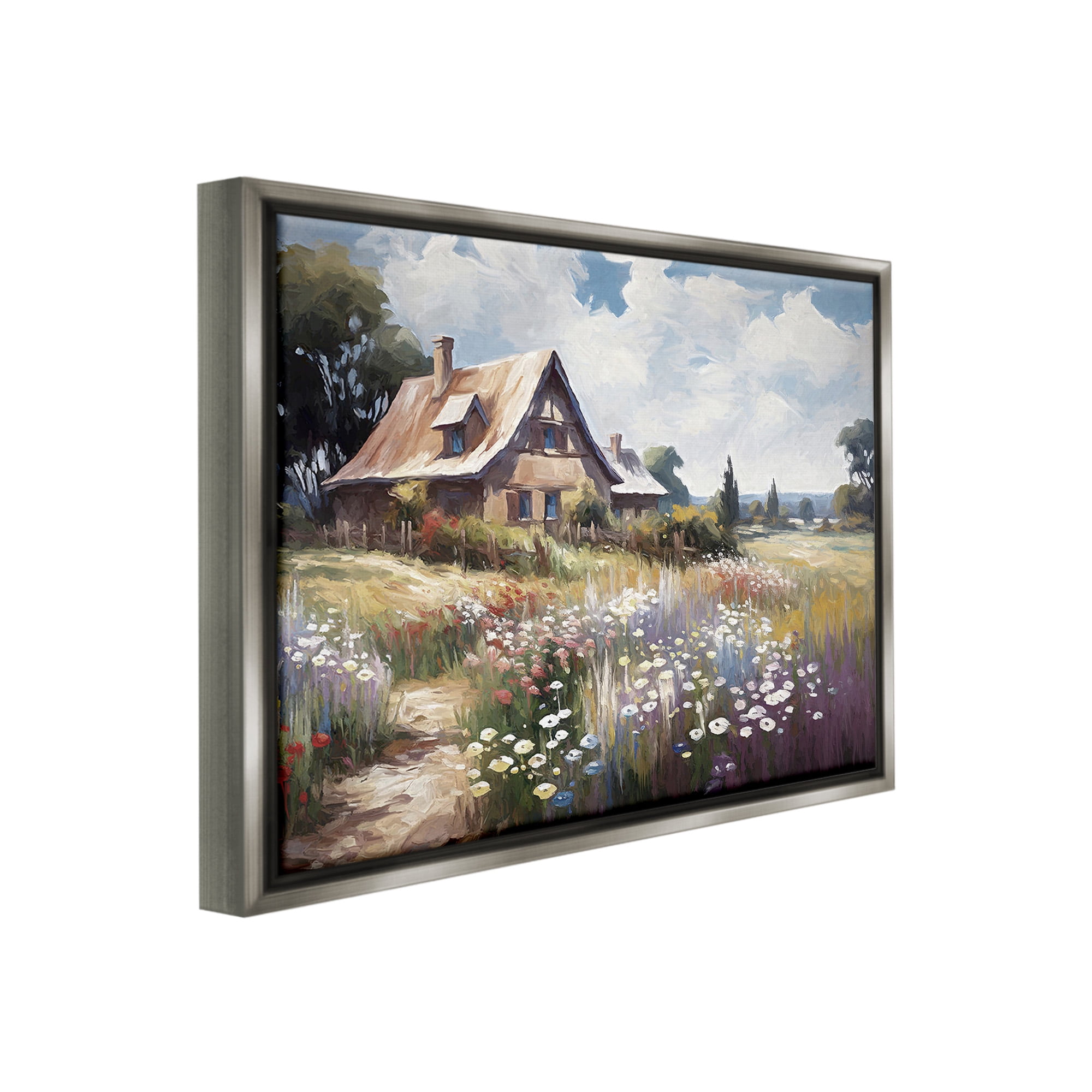 Stupell Industries Charming Cottage Garden Landscape Painting Gray Floater Framed Canvas Art Print Wall Art, 21 x 17