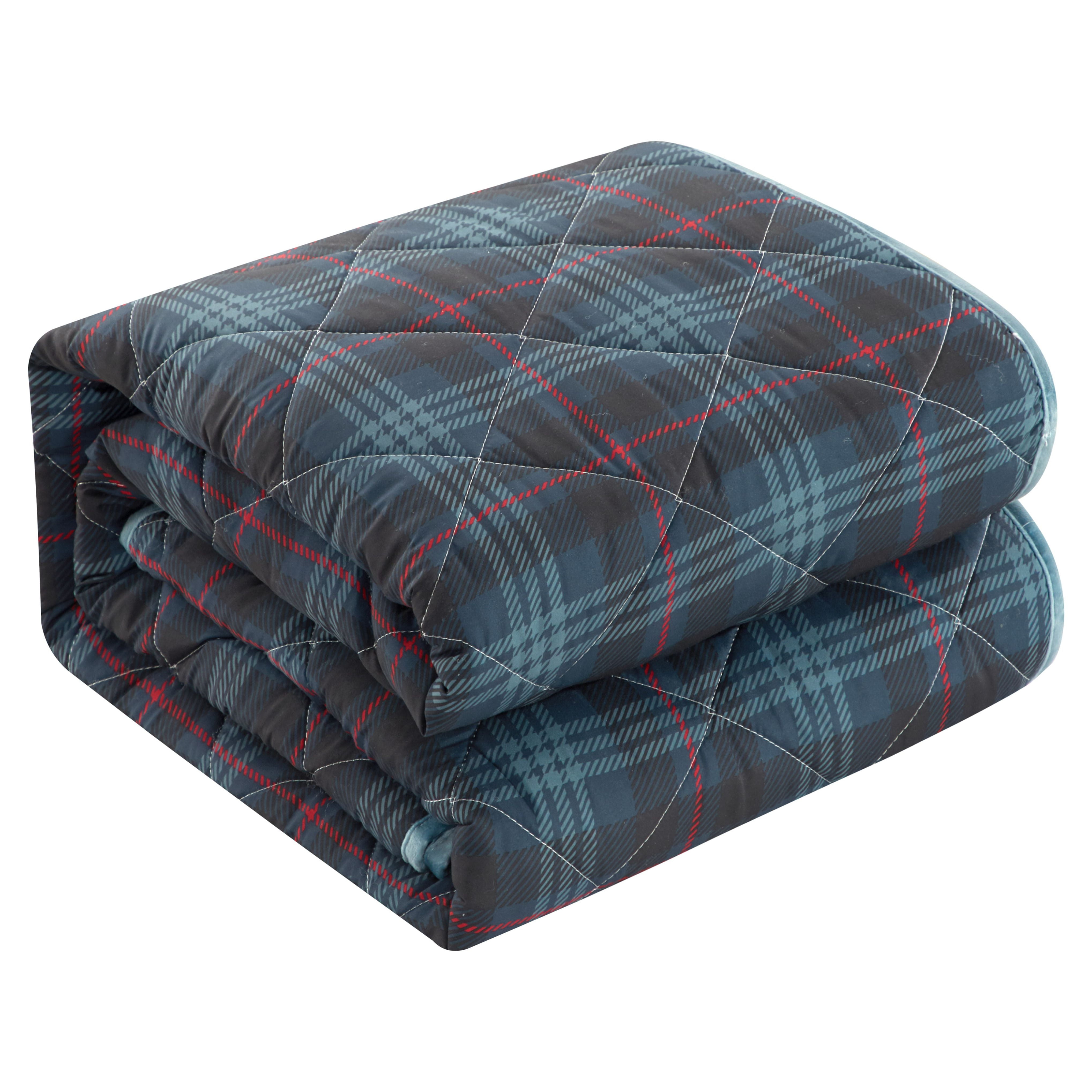 Dearfoams Super Soft Blue Red Grey Diamond Stitching Plaid Quilt Set, King