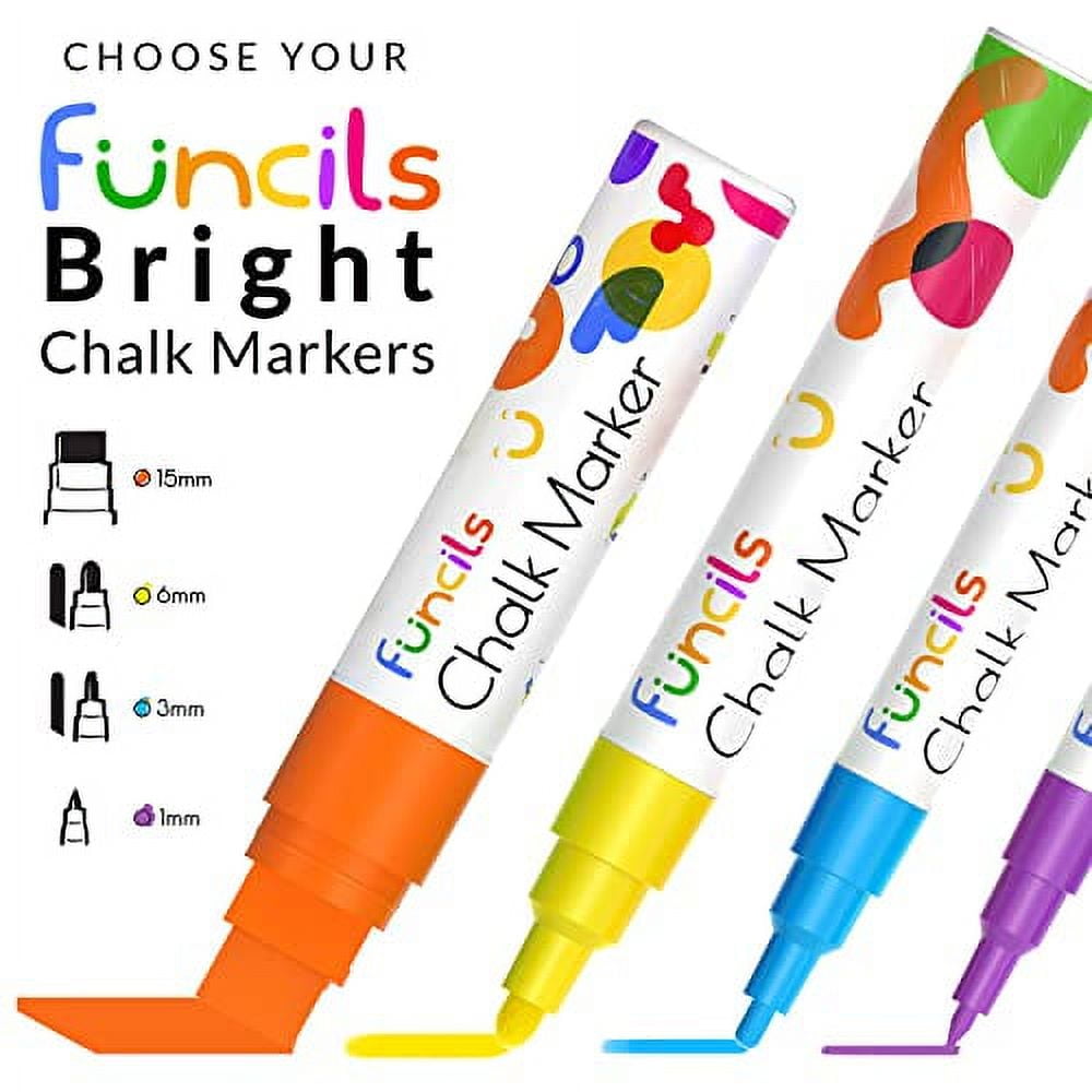 Funcils White Chalk Pens for Blackboards, Window, Glass, Board, Car & Chalkboard  Pens – Variety Pack of 6 – (2x) 1mm Extra Fine, 3mm Fine & 6mm Bold Tip –  Wipeable White