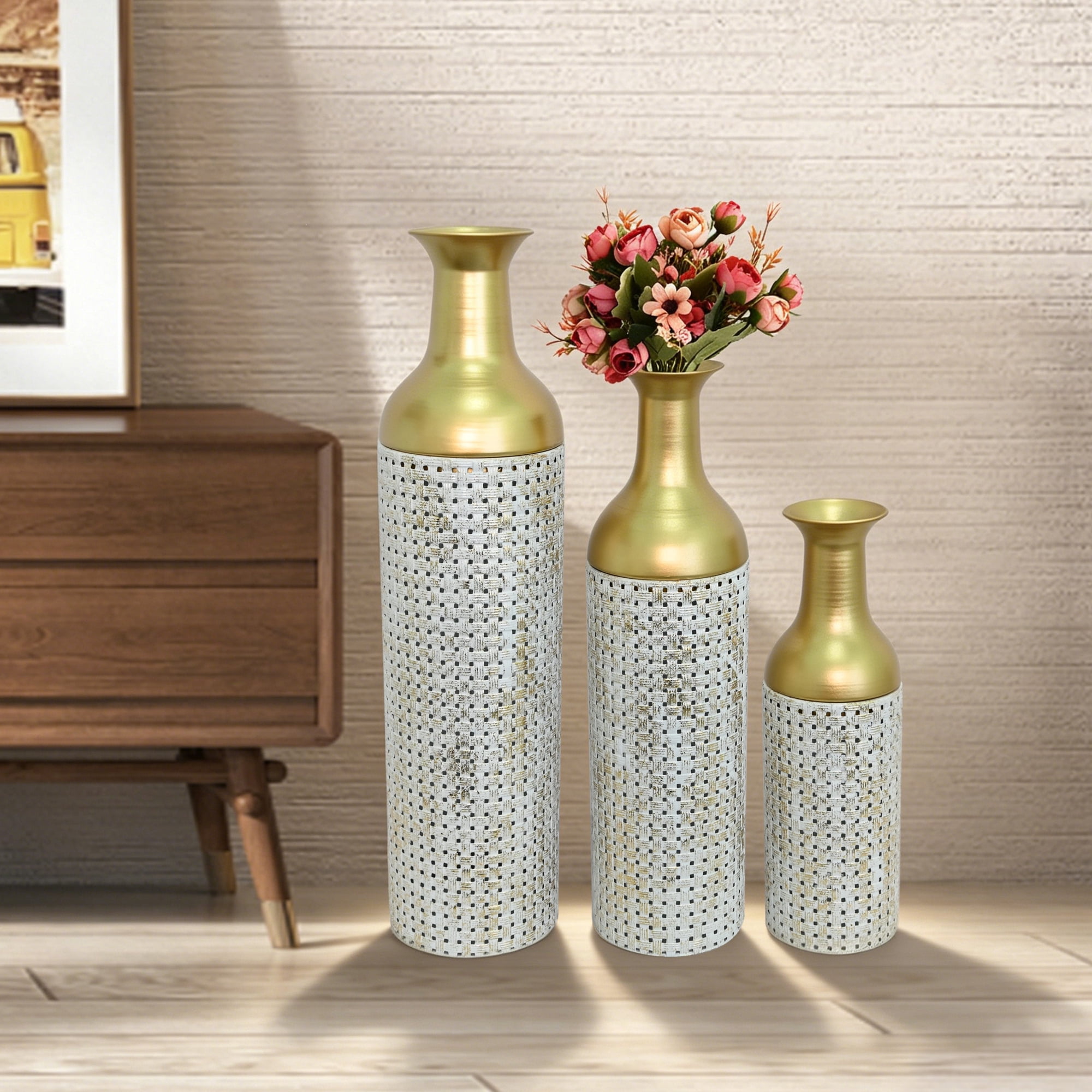 Leumius Decorative Metal Vases Set of 3, Gold Leaf Pattern Floor Vases, White & Gold Tall Vases for Home Decor, Living Room Entryway Decor