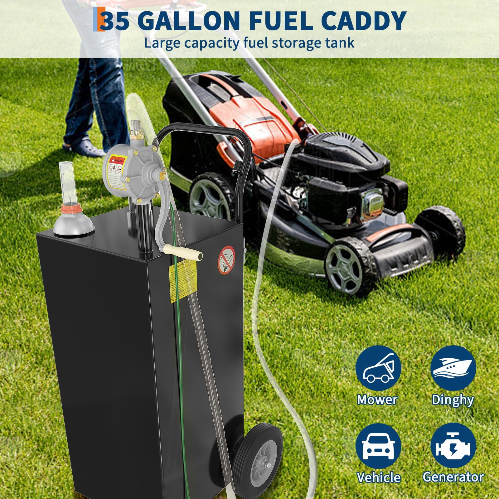 Luku 35 Gallon Fuel Caddy,Fuel Storage Tank with Manual Transfer Pump,Gasoline Diesel Fuel Container for Cars,Lawn Mowers,ATVs,Boats,More,Black