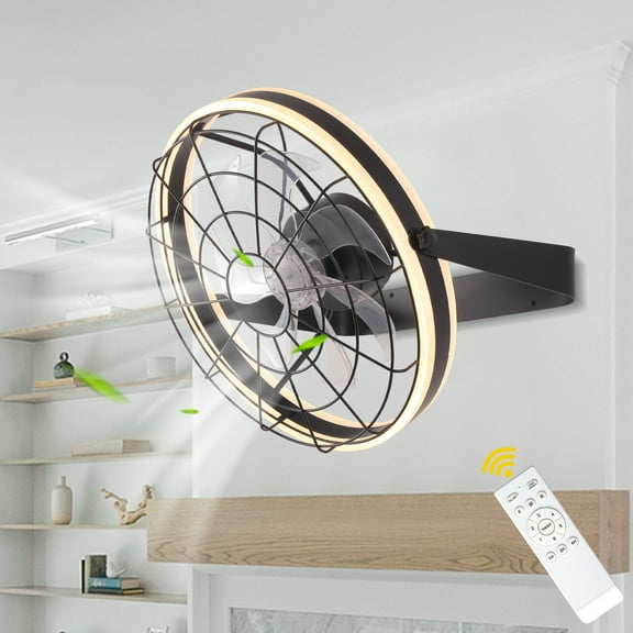 Chords Attic 22 inch Black Wall Mounted Ceiling Fan with Light and Remote, Caged Fan with Adjustable Tilt Head, 8-Blade DC Motor, 6 Speeds Dimmable LED with 3 CCT for Bedroom, Kitchens, Dining Room