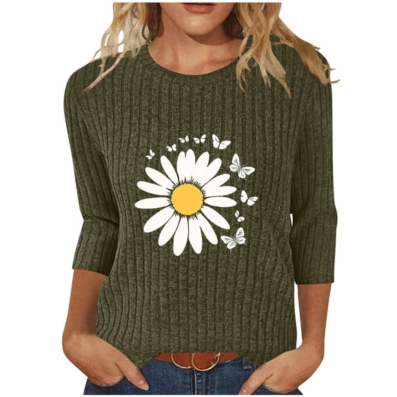 Maplenight T Shirts for Women Ribbed Knit 3/4 Sleeve Shirts Casual Crewneck Floral Graphic Tee Tops Fall Tunic Blouses
