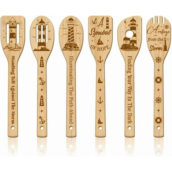 6Pcs Summer Lighthouse Bamboo Cooking Utensils Seagull Wooden Engraved Cooking Spoons Set Carving Kitchen Bamboo Spatula Set Wood Cooking Spoon