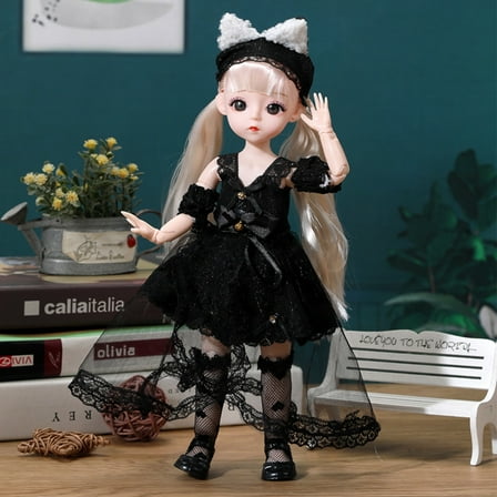 30 cm /11.82 inch movable joint sweet black cat princess doll - Gothic black dress, lace details and cat ear headband, high-quality plastic collectible figure, for home decoration