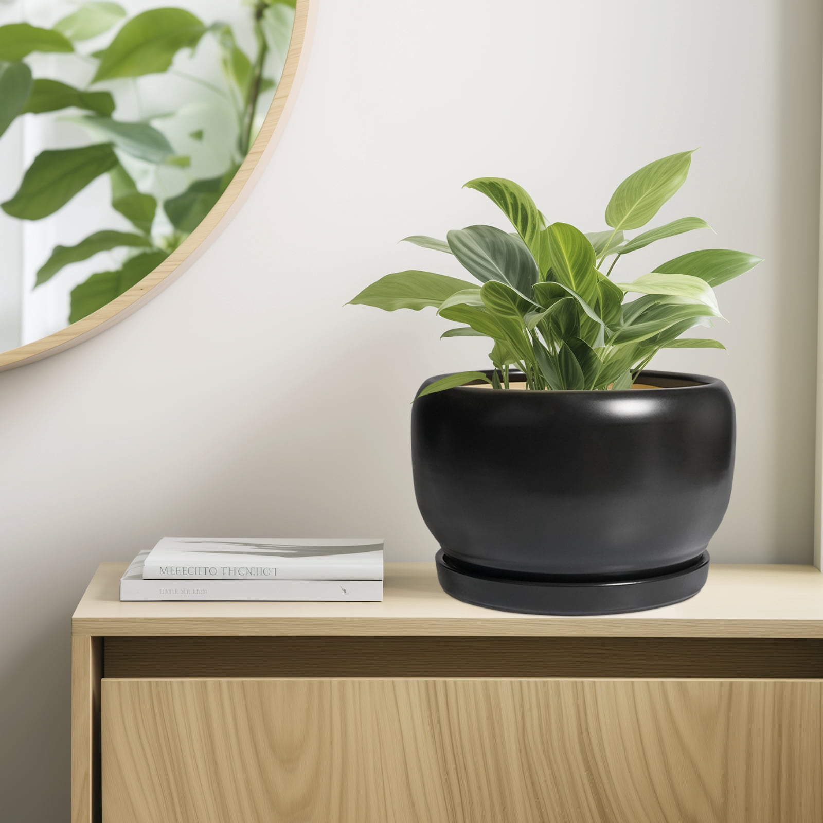 10 inch Pots for Plants, Large Round Ceramic Planter with Saucer & Drainage, Modern Flower Pot for Live Houseplants & Office Decor, Matte Black