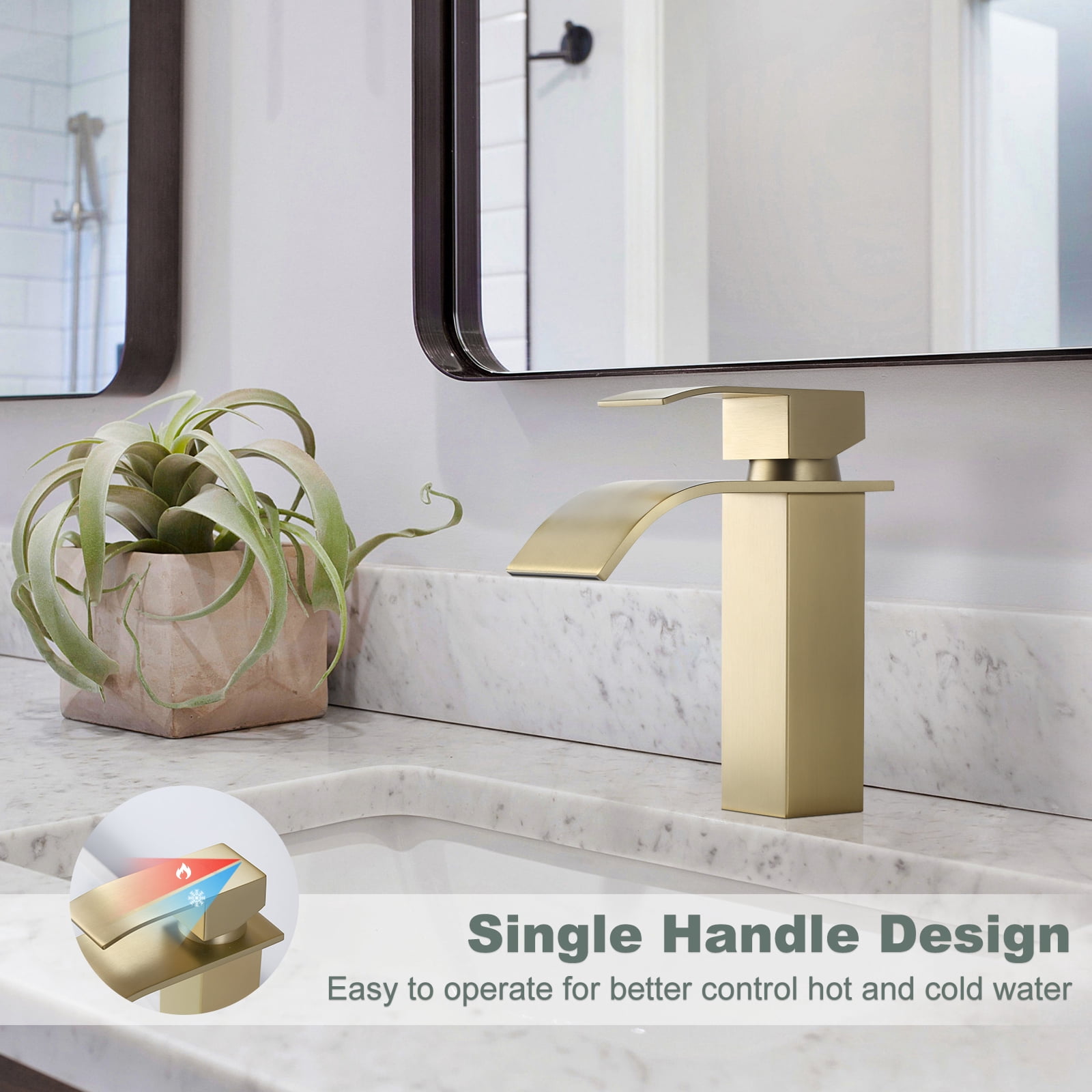 Wowow Waterfall Bathroom Faucet Gold Faucet for Bathroom Sink Single Handle Mixer Tap Lavatory Vanity Faucet with Deck Plate and Pop Up Drain, 1 or 3 Hole