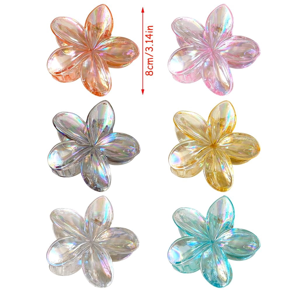 LinYooLi Hair Clip, 6PCS Colorful Clear Flower Claw Clips, Hawaiian Flower Hair Clips for Thick Hair, Beach Hair Accessories for Women and Girls