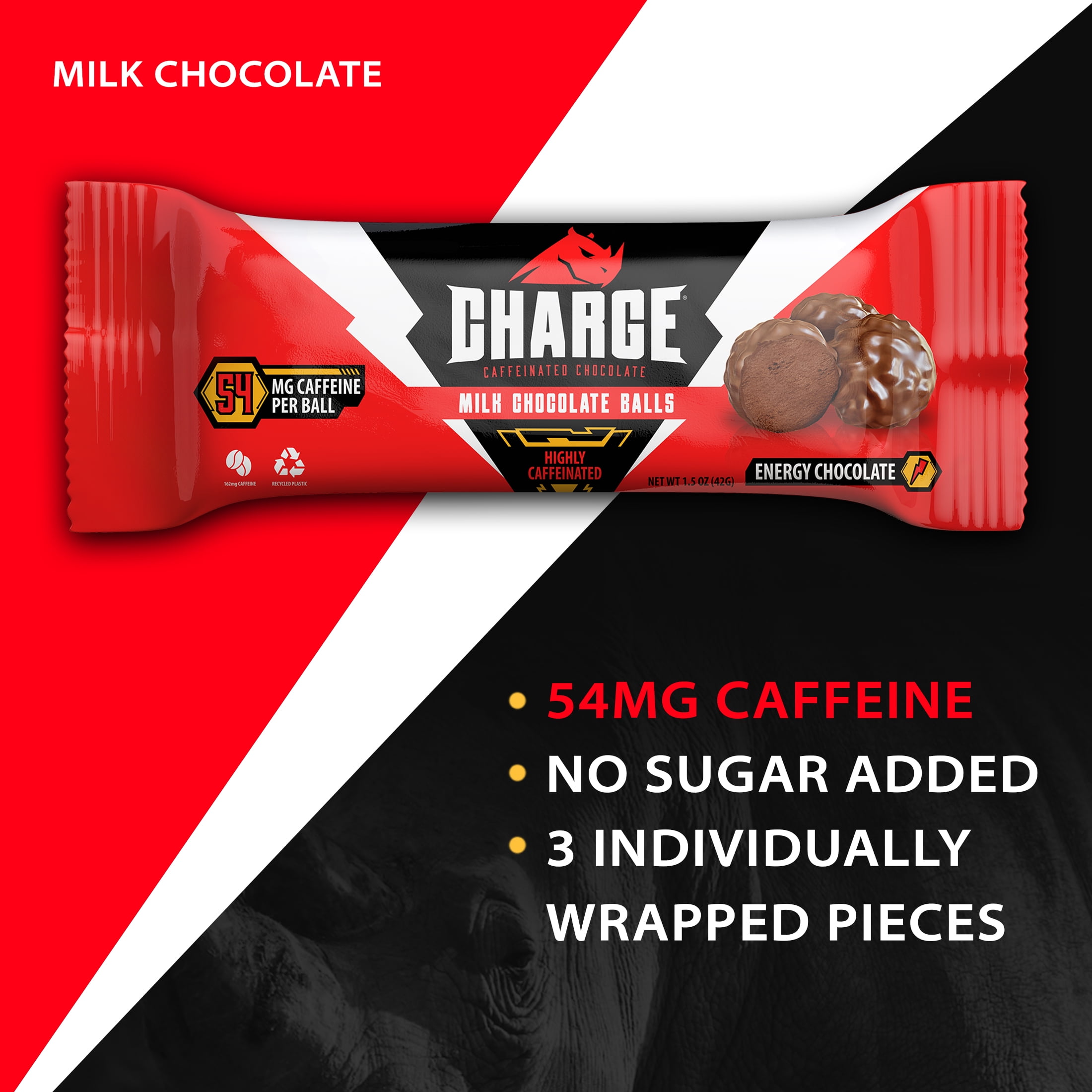 3 Count, Charge Chocolate Milk Chocolate, Highly Caffeinated, Individually Wrapped Ball, 54mg of caffeine, 1.5 oz