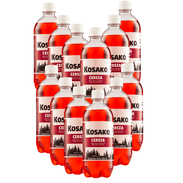 12 pack bebida kosako cereza 600 ml Conjunto de 12 botellas PET frontales de 600 ml, líquido rojo sabor cereza, etiqueta blanca y roja con marca Kosako y texto “Cereza”, tapas blancas, disposición apilada sobre fondo blanco, adecuado para despensa y exhibición en tienda.
