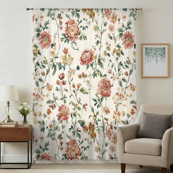 Botanical Flowers Sheer Curtains 84 Inches Long, Vintage Country Pastoral Floral Vines Light Filering Curtains, Breathable Simi Curtain Privacy Drapes for Living Room Bedroom Window Treatment