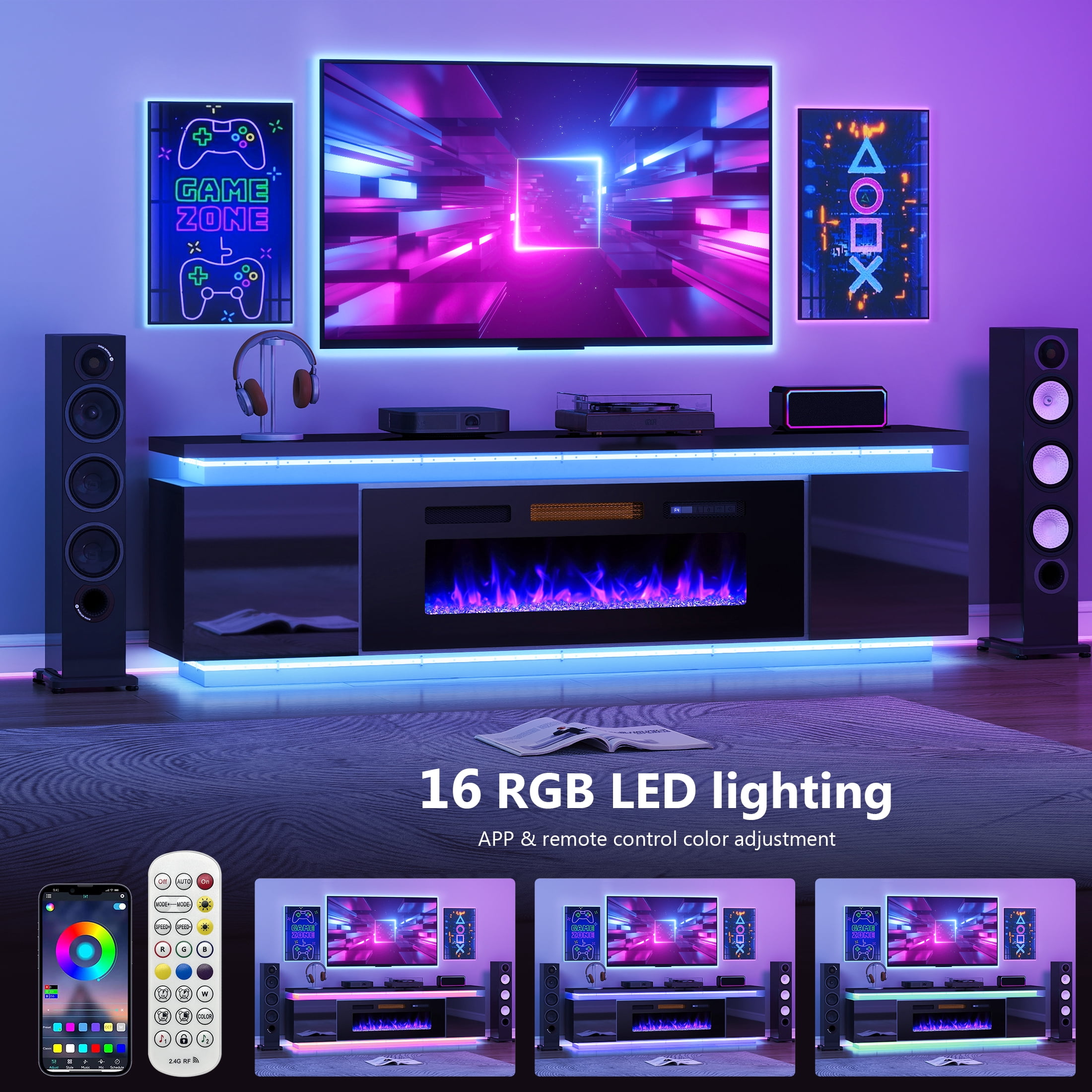 Anrist Electric Fireplace TV Stand for TVs up to 80" with LED Lights & 4 AC Power Outlets, TV console for Living Room, Black, Ship in 2 Boxs