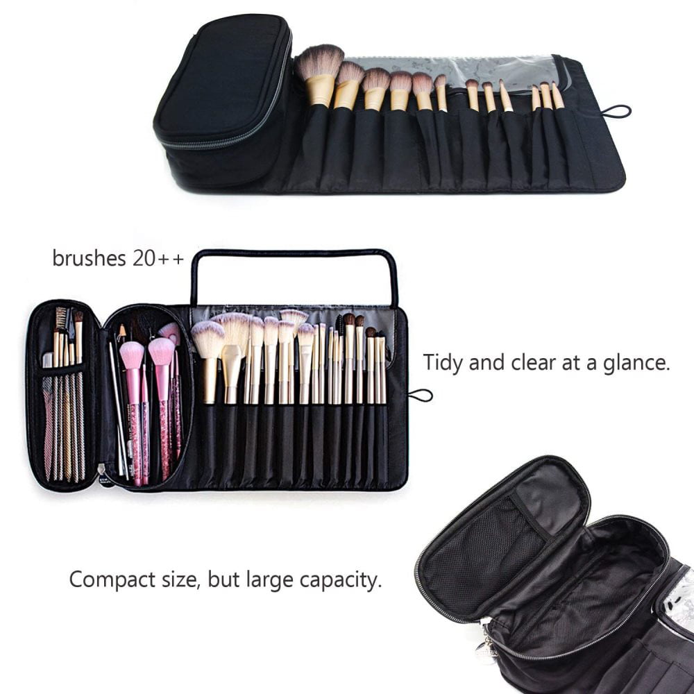 YUESI Rolling Makeup Brush Bag Cosmetic Brushes Organizer for Women Portable Travel Bag (Black)