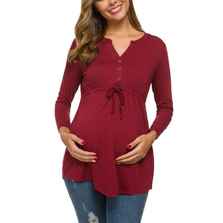 

Vivianyo HD Pregnant Plus Size Maternity V-Neck Long Sleeve Bandage Solid Color Breast-Feeding Pregnant Nursing Blouse Tops Rollbacks Red