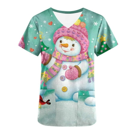 

qucoqpe Women s Christmas Costume V-Neck Short Sleeve Nursing Uniform Xmas Tree Santa Snowman Deer Printed Workwear Holiday Graphic Tees Blouse Scrub Tops with Pockets Christmas Gifts on Clearance