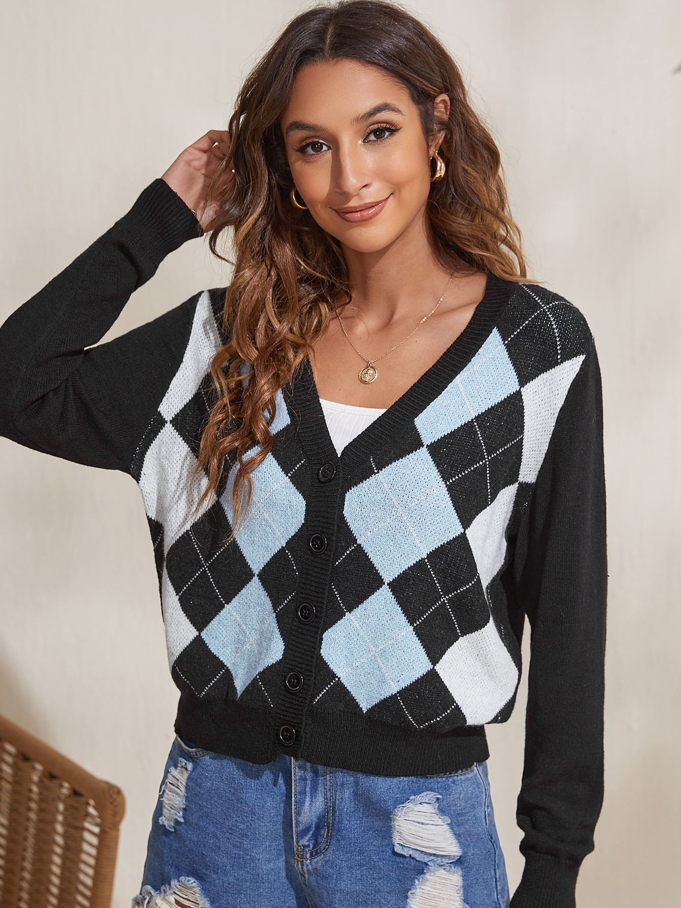 Multicolor Argyle Pattern Button Up 