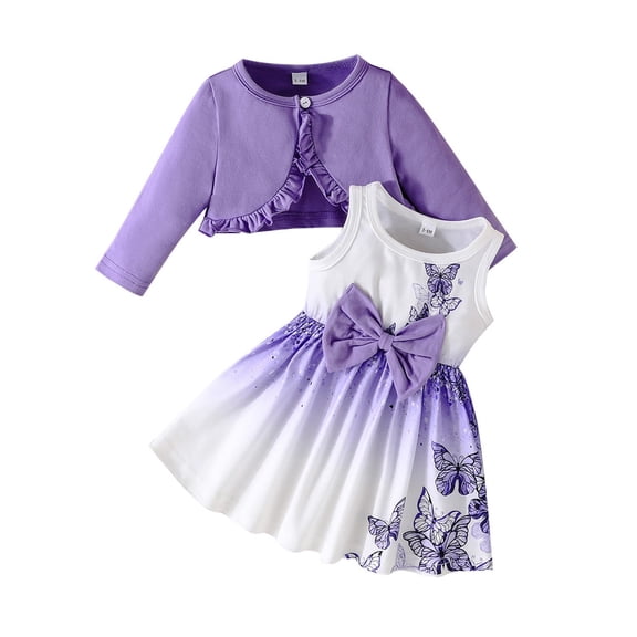 CUZIBR Girls Dresses Outfits Set Floral Print Long Sleeve Ruffles Knitted Cardigan Coats A-Line Sleeveless High Waist Cute Bow Dress Casual Beach School Fashionable Clothes Sets,Purple,3-6 Months