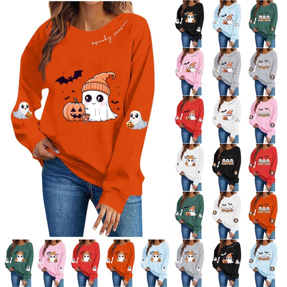 Womens Halloween Sweatshirts Plus Size Crew Neck Long Sleeve Cute Print Pullover Casual Loose Fashion Tops (XS, Red)