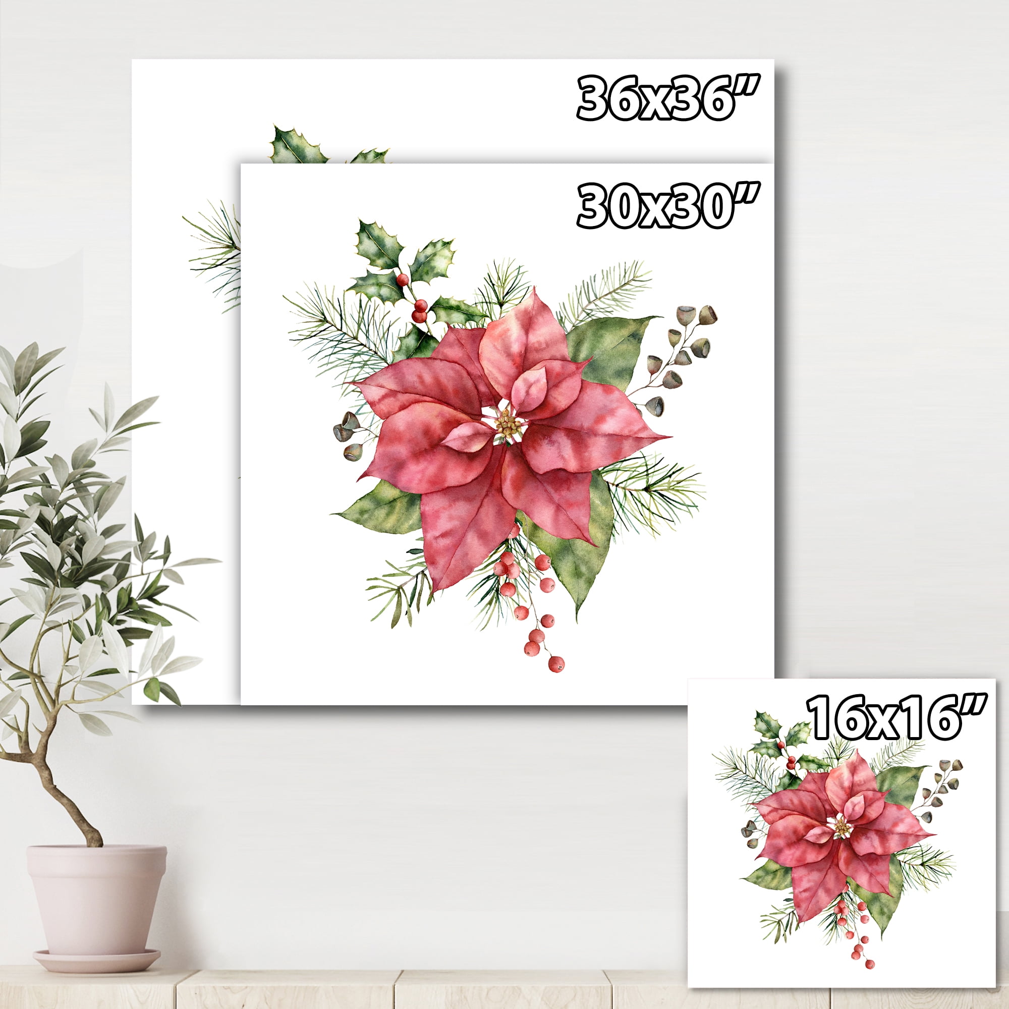 Designart ' Christmas Fir Branch and Holly Mistletoe Berries II ' Traditional Canvas Wall Art Print