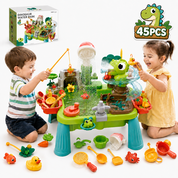 Monqistar Upgraded Toddler Sand Water Table Toy, Kids Dinosaur Park Sand Water with Fishing Toy, Kitchen Play Sink Toys for Girl Boy Age 3