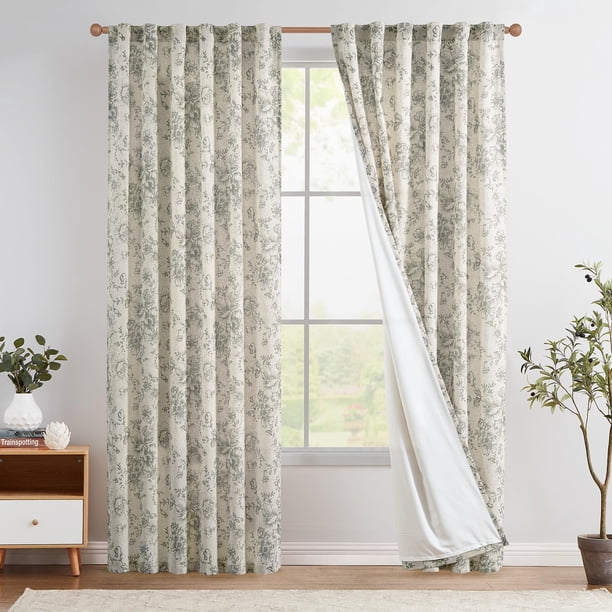 Cortinas forradas de mezcla de lino JINCHAN 230x228 cm gris con flores de peonía