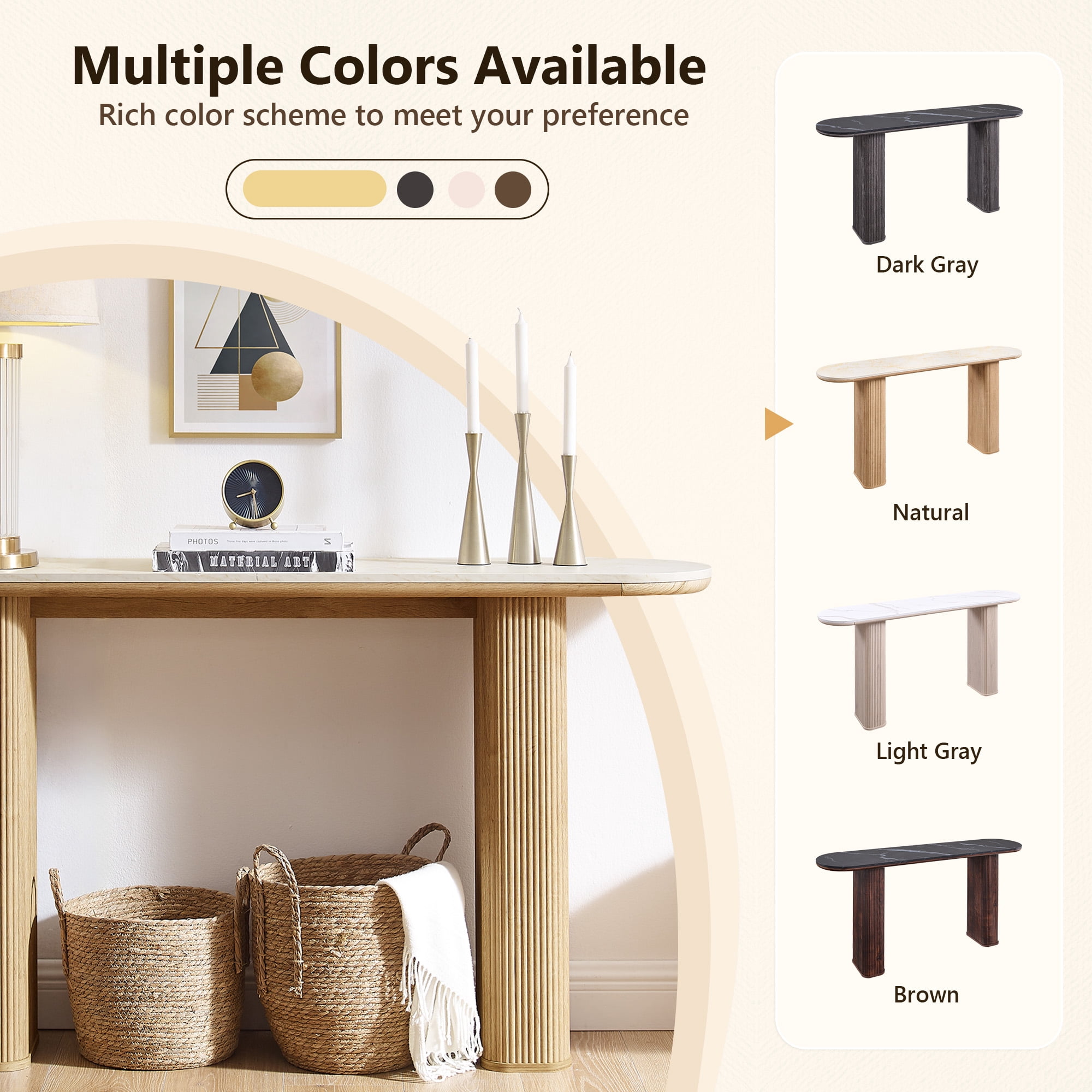 KeyWhat 63" Entryway Console Table with Fluted Wood Base, Modern Sofa Table Behind the Couch for Living Room, Hallway, Entrance, Foyer, Natural Oak