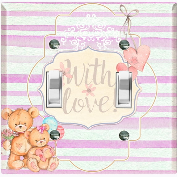 Metal Light Switch Wall Plate Outlet Cover (2 Teddy Bears With Love Heart Balloon Flower Pink Stripes - Double Toggle)