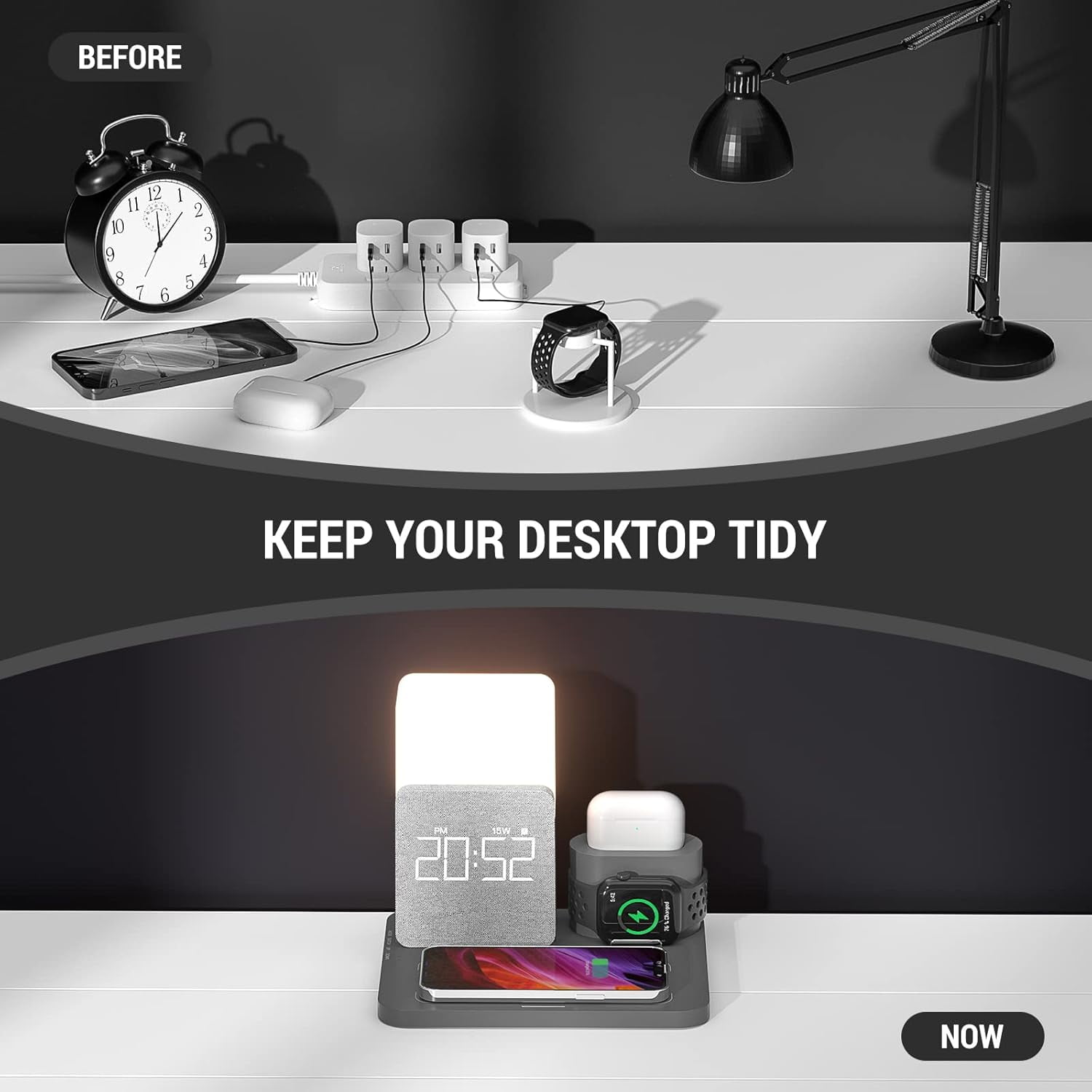 Alarm Clock with Wireless Charger, Night Light, Wireless Charging Station, 3 in 1 Charging Station, iPhone 12/13/14/15/16 Pro/13 Mini/13 Pro Max/12 pro, AirPods