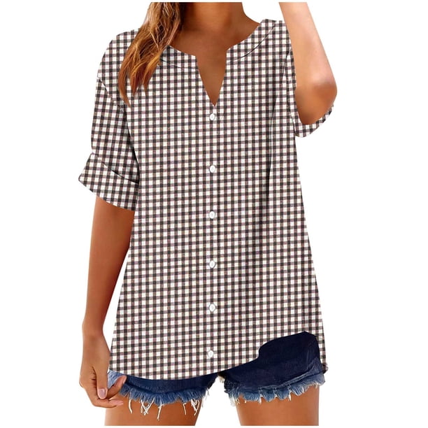 Camisetas Casuales de las Mujeres con Cuello en V Manga Corta Suelta de Verano de Moda Botón Impreso Camiseta