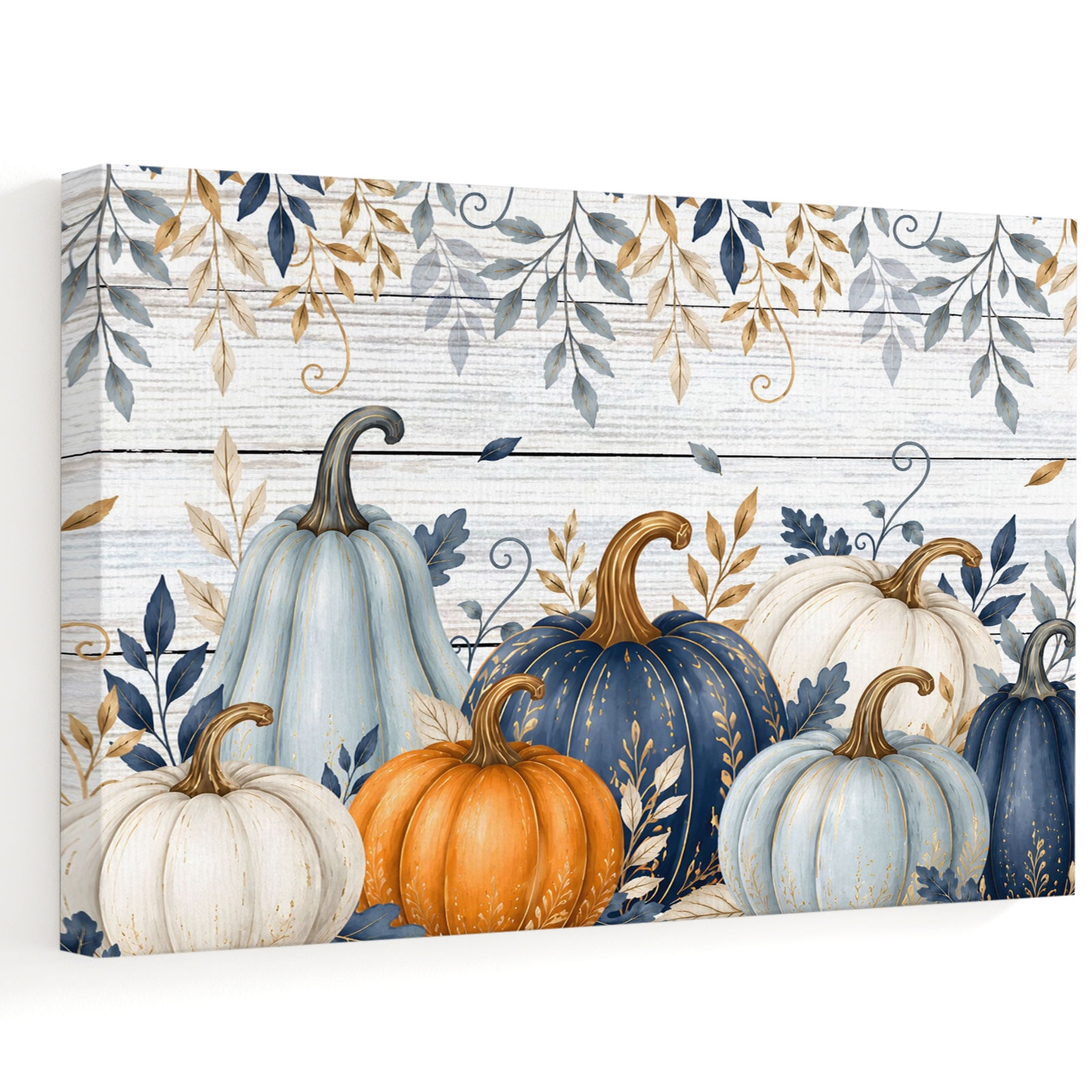 Thanksgiving Fall Canvas Wall Art Rustic Orange Blue White Pumpkin Leaf Wood Grain Wall Art Prints Artwork Framed Canvas Ready to Hang Art Pictures for Bathroom Nightstand Narrow Hallway 14 x 11