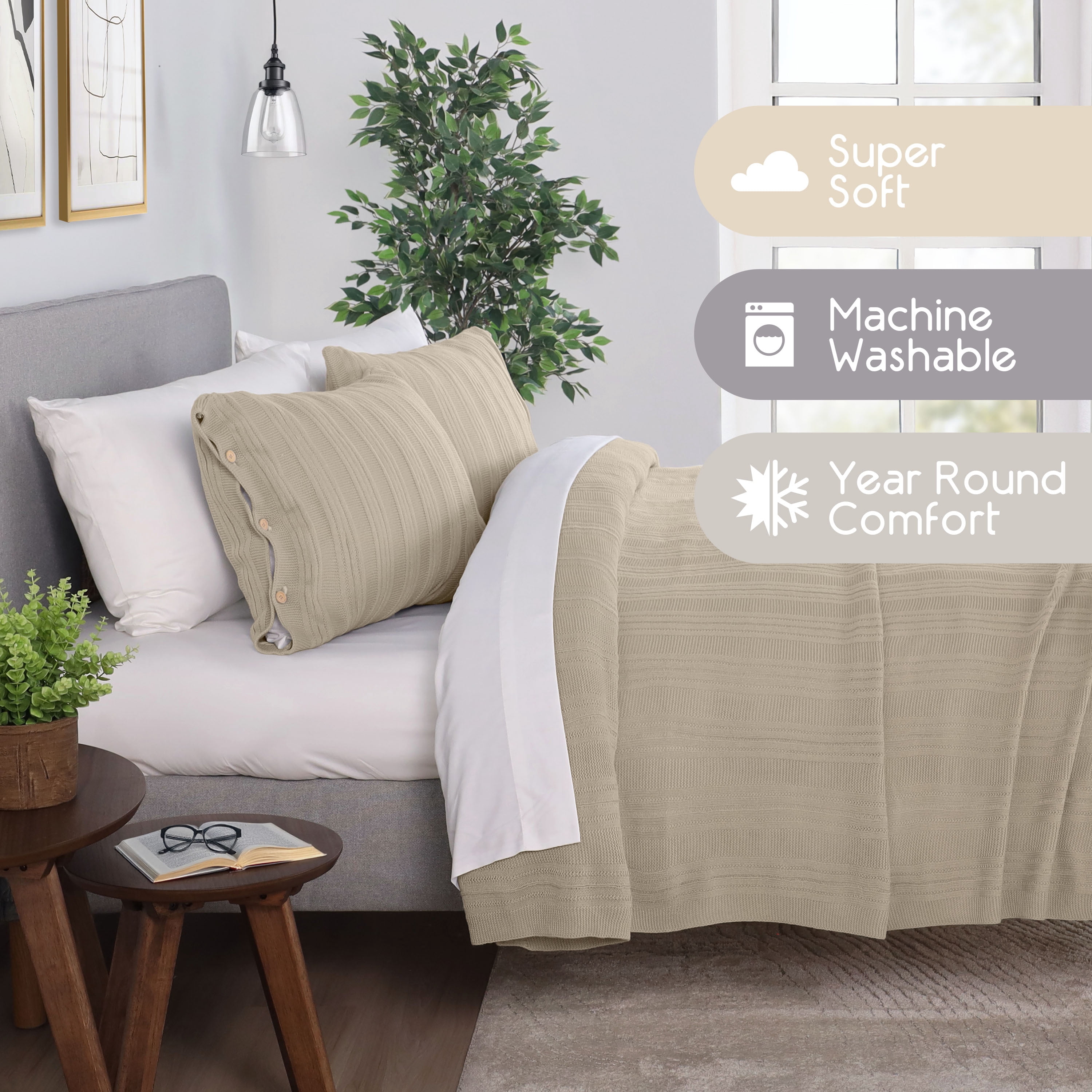Vellux Malmo Striped Knit Blanket Set, King, Cream