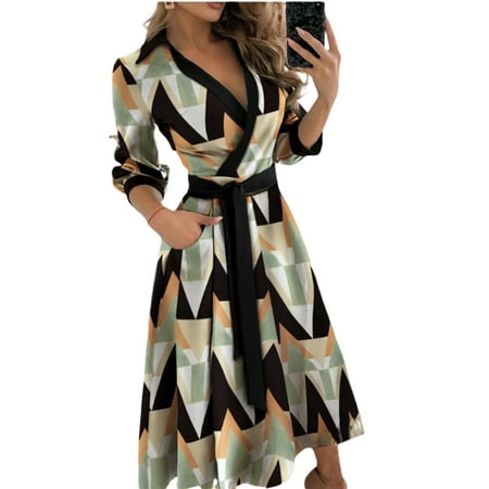 

Amuver Women Tie-up Mid-rise Dress Adults Solid Color/Print Long Sleeve V-neck One-piece