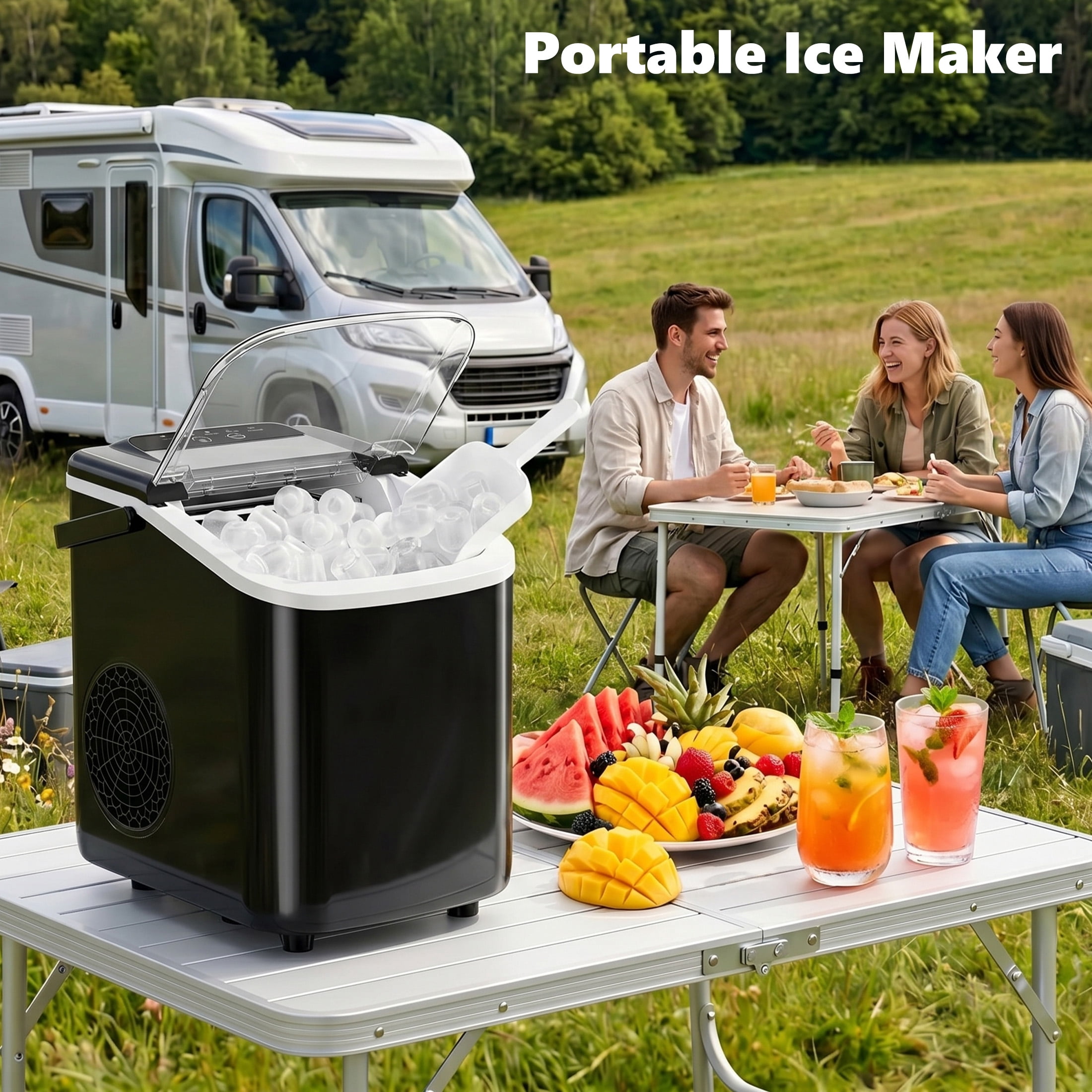 edx Ice Maker, Self-Cleaning Countertop Ice Maker, with Handle & Ice Scoop, 9 Bullet Cubes in 6~8 Mins, 26lbs Daily, Black