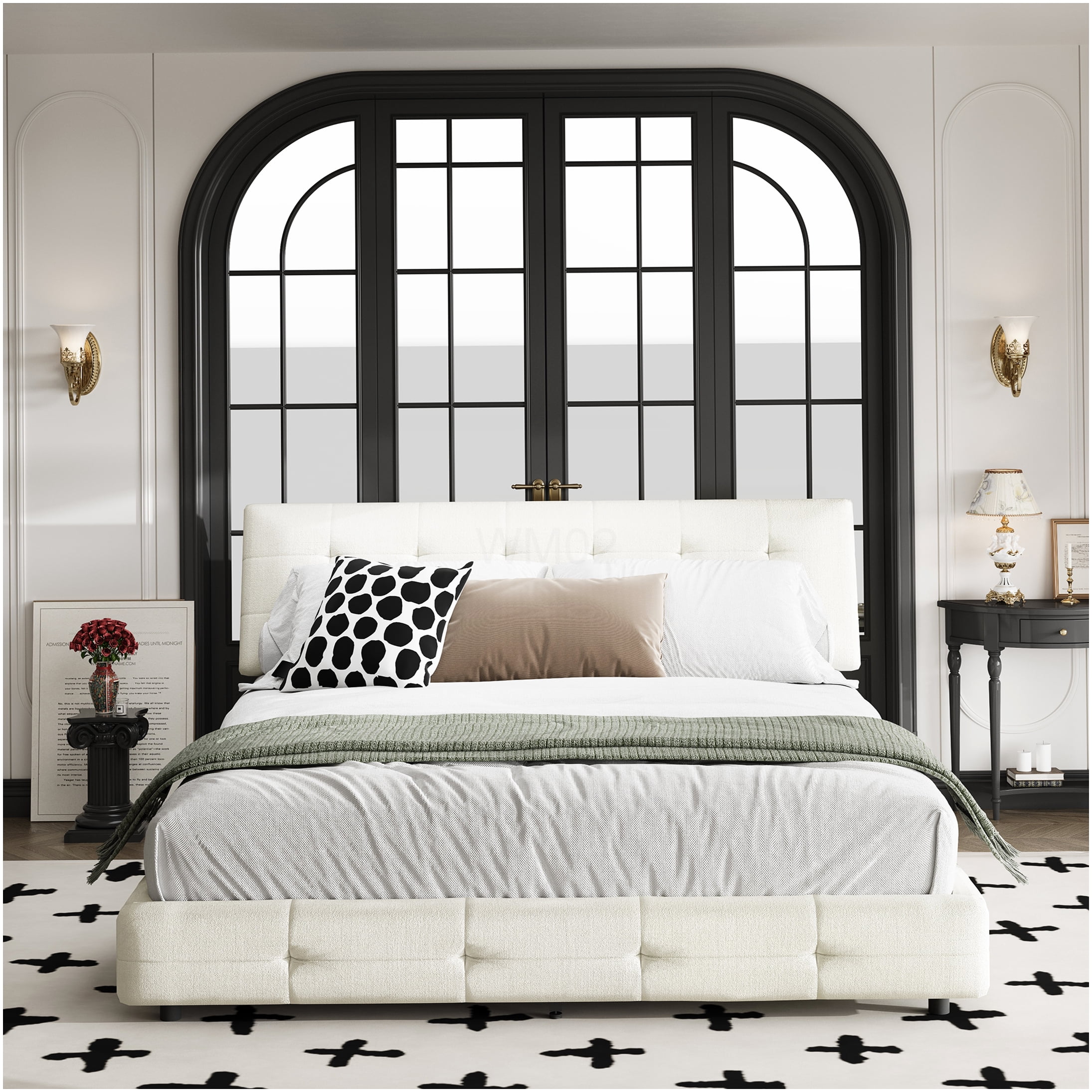Queen Upholstered Bed Frame with Pillow Tufted Headboard, Platform Bed Base with Wood Slats, No Box Spring Needed, Chenille Fabric, Beige and White