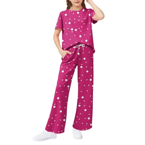 Abcomgle Girls Summer Outfits 4-16 Polka Dot Short Sleeve Tshirts and Wide Leg Pants Set Cute Casual Girls Lounge Set,13-14 Years