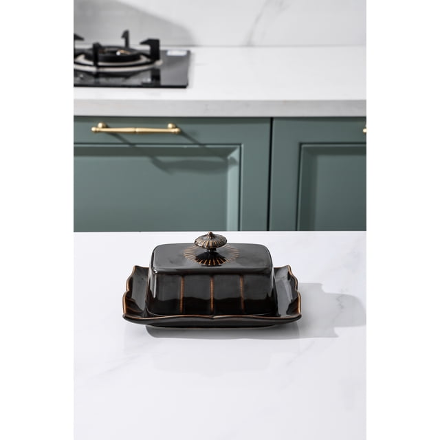 European-Style Retro Black Butter Dish with Lid, Pure Color Rectangular Ceramic Tableware for Dessert, Hotel & Home Use, Durable & Compact Design, Direct from Manufacturer
