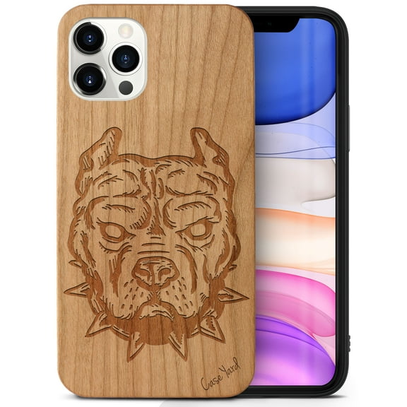Case Yard Wooden Case Outside Soft TPU Silicone, Slim Fit Shockproof Wood Protective Phone Cover for Girls Boys Men and Women, Supports Wireless Charging Pitbull Design case for iPhone-11-Pro-Max