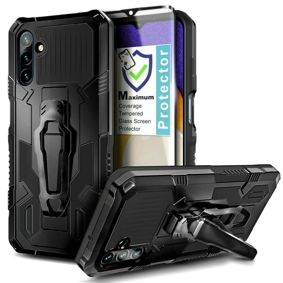 Nagebee Phone Case Compatible for Samsung Galaxy A13 5G with Tempered Glass Screen Protector (Full Coverage), Belt Clip [Built-in Kickstand], Dual Layer Full Body Shockproof Protective Rugged (Black)