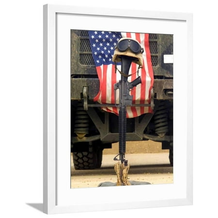 Wood Helmet Stand An M16-A2 Service Rifle, a Pair of Boots And a Helmet Stand in Tribute To a Fallen Soldier Framed Print Wall Art By Stocktrek Images ()