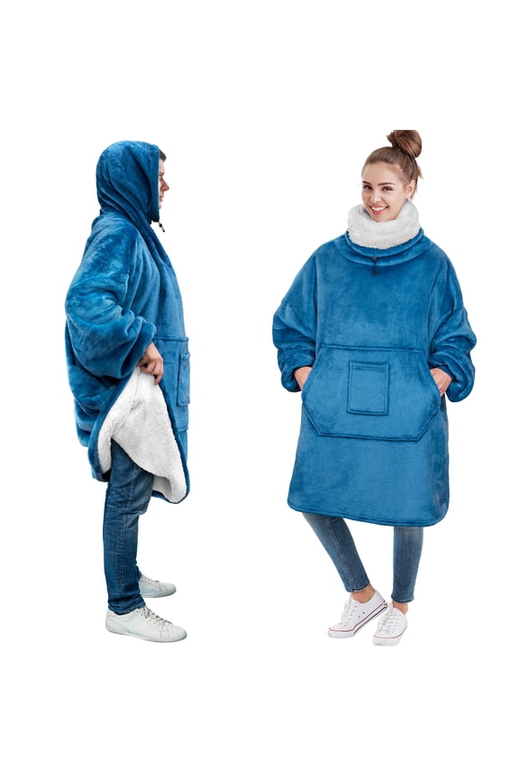 Sherpa Wearable Blanket Hoodie Women Men, Oversized Hoodie Sweatshirt Blanket, Thick Sweater Blanket Neck Warmer, Fleece Hood Hug Sleep Pod Adult, Cozy Warm Plush Gift Idea Mom Wife, Teal Blue