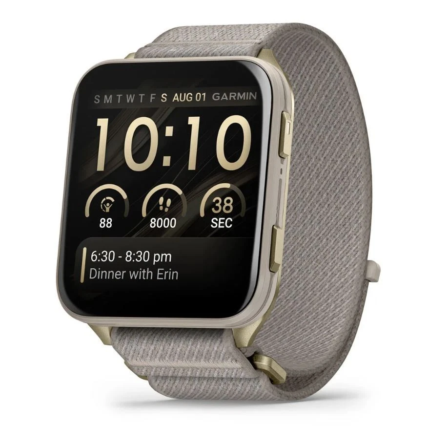 Garmin Venu X1 Thin and Lightweight GPS Smartwatch, AMOLED Display, Soft Gold with Titanium Caseback & French Gray Nylon Band with Wearable4U White EarBuds Bundle