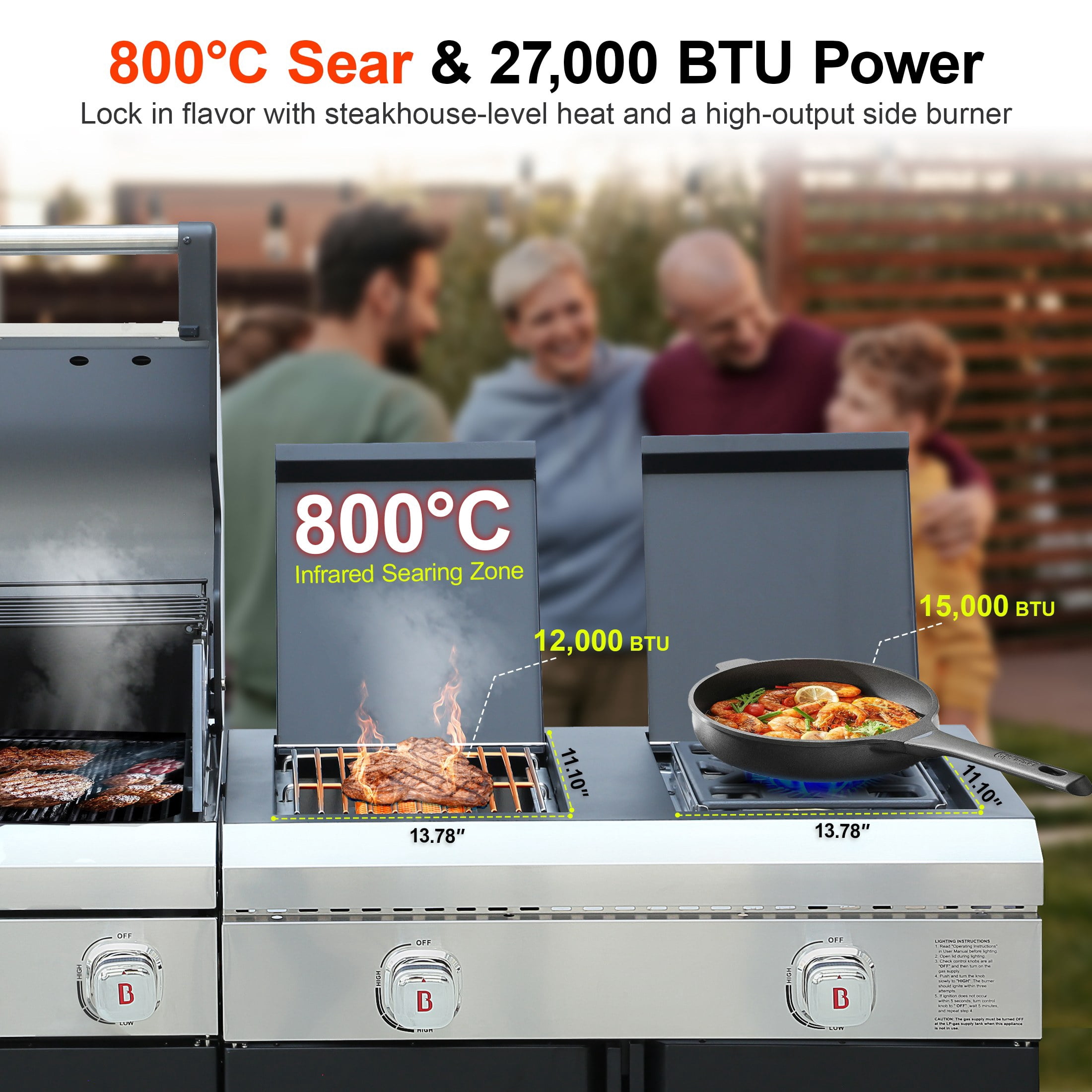 Brand-Man Outdoor Modular Island Kitchen Grill Gas Grill, 76,000 BTU 5 Burner Stainless Steel Burner and 2 Infrared Side Stove with Sink Station