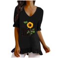 thumbnail image 1 of Blusa superior de lino y algodón con estampado de manga corta y cuello redondo para mujer Pompotops  hkajfhjk468830, 1 of 5