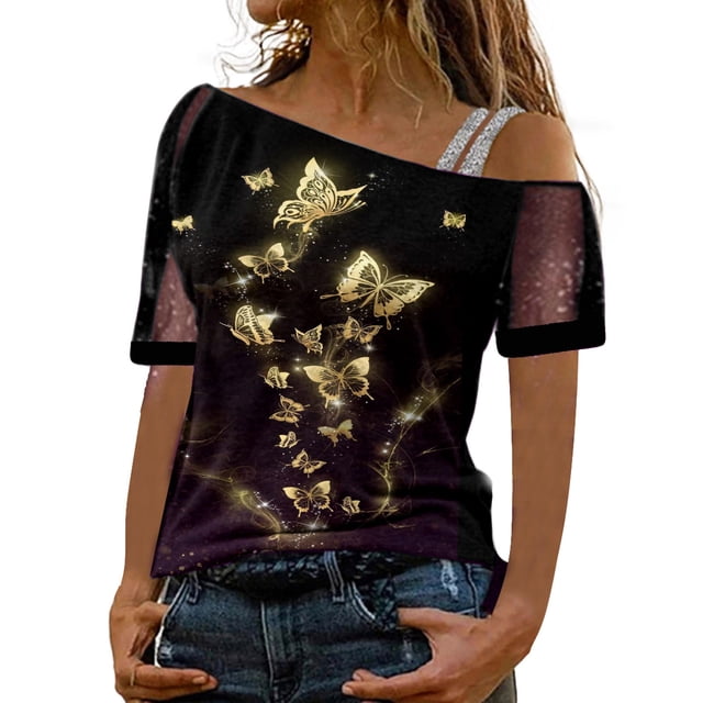 Gibobby Tirantes Para Camisa Tops estampados a la para mujer, camiseta con hombros descubiertos, camiseta elegante de manga corta con Sexy, blusa holgada(Amarillo, M)