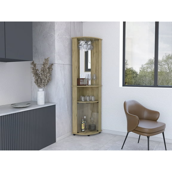 Newboti Furniture Chicago 75" H Mirrored Corner Bar Cabinet, With Glass Doors, Two Shelves And Stemware 3980