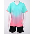 thumbnail image 3 of Sinleey Kids Boys Jerseys Shirts and Shorts Set Basketball Football Exercise Sportswear Mint Green&Pink M, 3 of 7