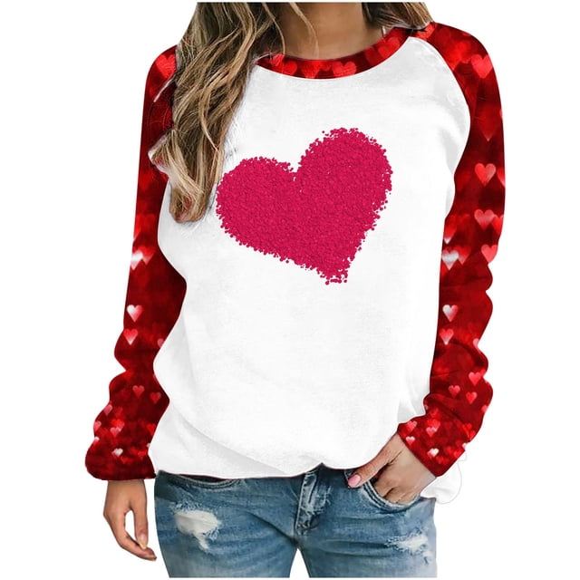 VALMASS Chandails en Molleton à Col Rond pour Femmes de la Saint-Valentin Manches Raglan Hauts Décontractés Mode Imprimé Cœur Blouses (TG, H Rouge)