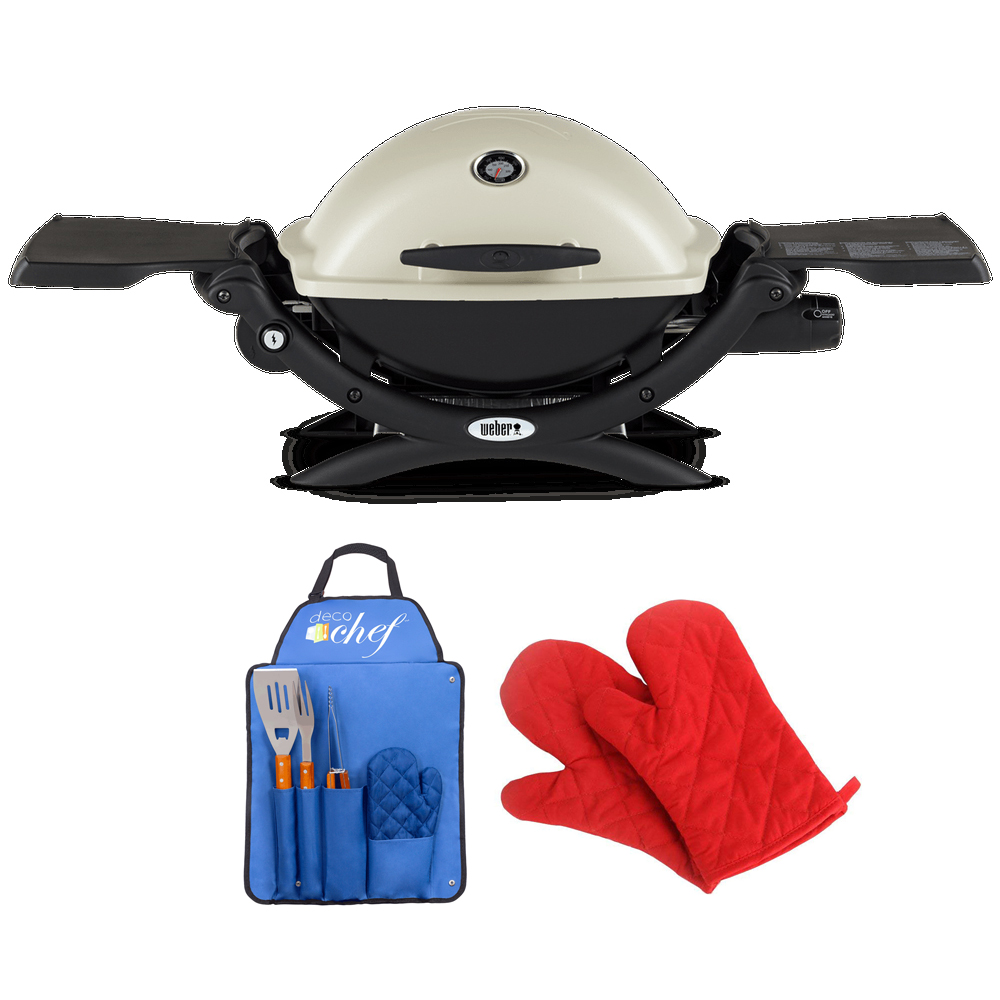Weber 51060001 Q1200 Liquid Propane Portable Grill Titanium Bundle with Deco Essentials 3 Piece BBQ Tool Set with Custom Blue Apron, Spatula, Tongs, Fork and Oven Mitt and Pair of Red Oven Mitt - image 1 of 10