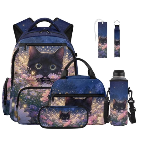 FOR U DESIGNS Galaxy Daisy Cat Print Preschool Backpack 6Pcs Set for Girls Elementary Lightweight Bookbag with Lunch Box Pencil Case Water Bottle Sleeve Leather Bookmark Keychain