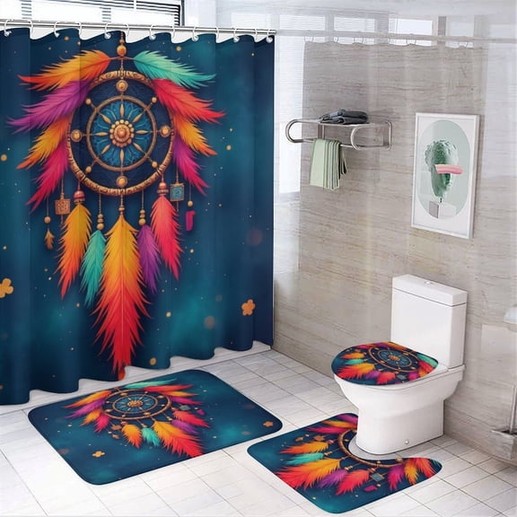 Colorful Feather Dreamcatcher Shower Curtain Waterproof Bathroom Curtain Set with Hooks Home Decor Bathroom Curtains 4pcs